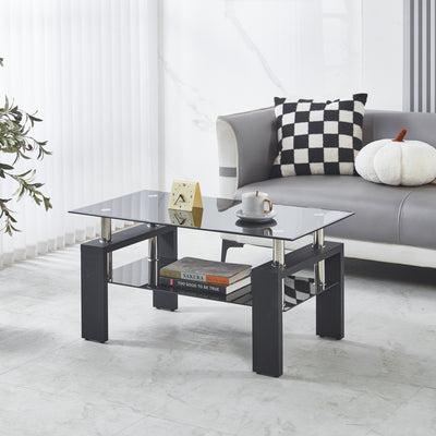 Lucius Modern Geometric Design Tempered Glass Coffee Tablewith Metal Frame and Clear Glass,Black | Table basse moderne Lucius au design geometrique en verre trempe avec cadre en metal et verre transparent, noir