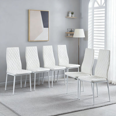 Ava Modern Diamond Grid Pattern Dining Chair Set (6-Pack) with Fireproof Leather and Metal Frame,White | Ensemble de chaises de salle a manger modernes Ava avec motif de grille en diamant (lot de 6), cuir ignifuge et cadre en metal, blanc