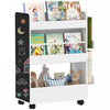 Qaba Kids Bookshelf with Wheels, Double-Sided Book Rack Display with Blackboard, Kids Bookcase Toy Storage Organizer for Nursery, Playroom, Classroom, for 3-8 Years, White