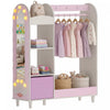 Qaba Kids Clothing Rack, Kids Wardrobe with Glowing Bulb Lights Mirror, Non-Woven Drawer and Shelves for Bedroom, Coat Rack for Ages 3-8, Pink
