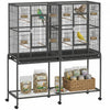 PawHut 56\" Large Bird Cage, Rolling Metal Parrot Cage, Bird House with Detachable Rolling Stand, Storage Shelf, Wood Perch, Food Container, 50\" x 17\" x 56\", Black