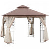 Outsunny 10'x10' Gazebo Canopy Outdoor Patio Sun Shelter Uv Protect W/ 2-tier Polyester Roof Curtain Sidewalls And Steel Frame Brown