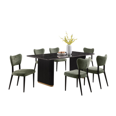 Kort & Co. Capri 7pc Dining Set with Table & 6 Chairs, Gold Accent, Pedestal Base, 72"W – Green | Ensemble de salle à manger Capri de Kort & Co. 7 pièces avec table de 72 po (L), touches dorées, base piédestal et 6 chaises - vert