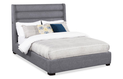 Jade Upholstered Platform Bed with USB Ports in Grey Fabric - Queen Size | Base de lit plateforme rembourrée Jade en tissu gris avec ports USB - format grand lit