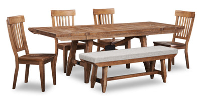 Cedar 6pc Dining Set with Table, Bench & 4 Chairs, Pine Wood, Trestle-Base, 72.07"W - Brown | Ensemble de salle à manger Cedar 6 pièces en pin avec table de 72,07 po (L), base à tréteaux, banc et 4 chaises - brun