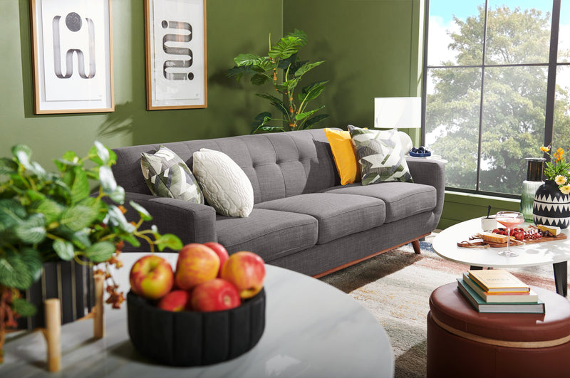 Kort & Co. Freeman 88\" Linen-Look Fabric Sofa with Wood Base and Tufted Back Cushions - Charcoal Grey