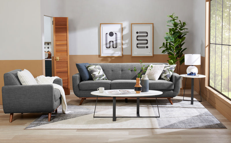 Kort & Co. Freeman 88\" Linen-Look Fabric Sofa with Wood Base and Tufted Back Cushions - Charcoal Grey