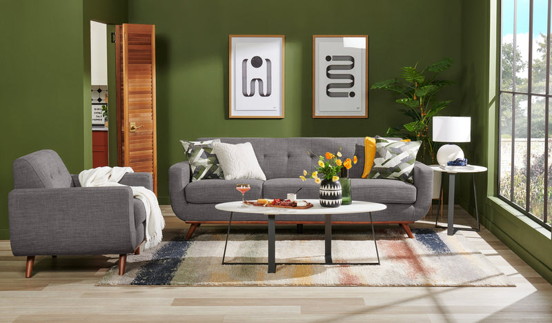 Kort & Co. Freeman 88\" Linen-Look Fabric Sofa with Wood Base and Tufted Back Cushions - Charcoal Grey