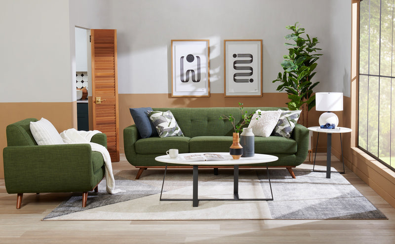 Kort & Co. Freeman 88\" Linen-Look Fabric Sofa with Wood Base and Tufted Back Cushions - Avocado Green