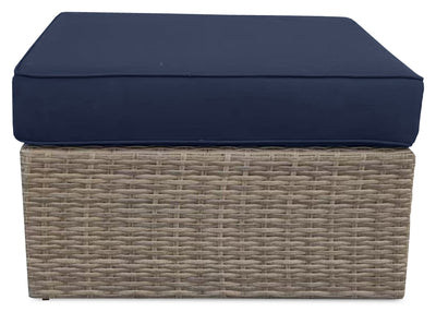 Naples Large Outdoor Patio Ottoman - Hand-Woven Resin Wicker, UV & Weather Resistant - Natural/Blue | Grand pouf Naples pour la terrasse à l’extérieur - osier en résine tressé à la main, résistant aux rayons UV et aux intempéries - naturel et bleu