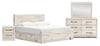 Derekson 6pc Bedroom Set with Side Storage Bed, Dresser, Mirror & Nightstand, Rustic White - King Size