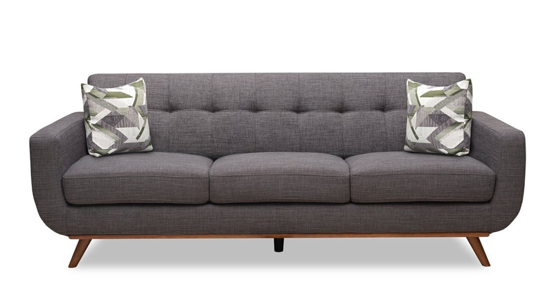 Kort & Co. Freeman 88\" Linen-Look Fabric Sofa with Wood Base and Tufted Back Cushions - Charcoal Grey