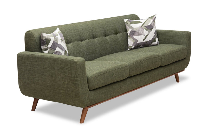 Kort & Co. Freeman 88\" Linen-Look Fabric Sofa with Wood Base and Tufted Back Cushions - Avocado Green