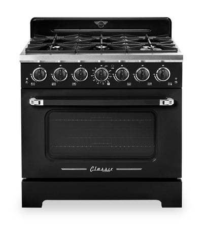 Classic Retro by Unique 36" 5.2 Cu. Ft. 6-Burner Gas Range with Convection - Midnight Black - UGP-36CR B | Cuisinière à gaz Classic Rétro par Unique de 36 po et de 5,2 pi3 à 6 brûleurs avec convection - noir minuit - UGP-36CR B | UGP36CRB
