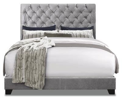 Candace Upholstered Bed in Velvet Grey Fabric, Button Tufted - Queen Size | Lit rembourré Candace en tissu de velours gris avec capitonnage à boutons - format grand lit