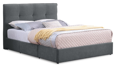 Amos Upholstered Storage Bed in Charcoal Fabric with Tufted Headboard & 3 Built-in Drawers - Queen Size | Lit de rangement Amos rembourré en tissu anthracite avec tête de lit capitonnée et 3 tiroirs intégrés - format grand lit