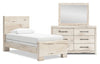 Derekson 5pc Bedroom Set with Panel Bed, Dresser & Mirror, Rustic White - Twin Size