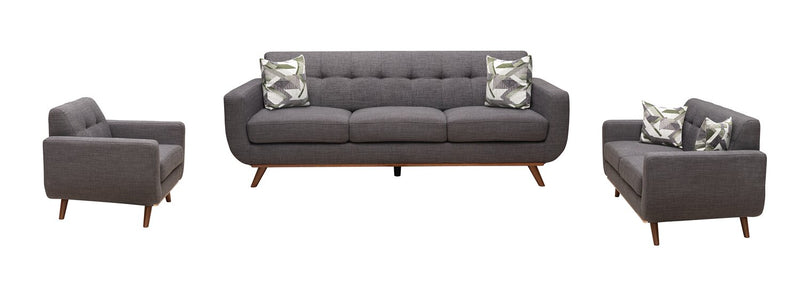 Kort & Co. Freeman 88\" Linen-Look Fabric Sofa with Wood Base and Tufted Back Cushions - Charcoal Grey