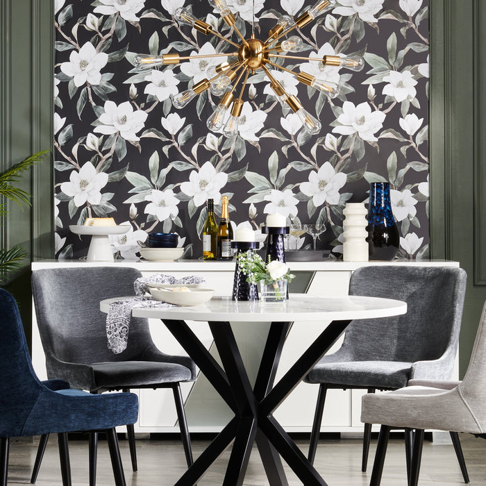 Verona Dining Table with Culture Marbled Top, Metal, Geometric Base, 42\"W Round - White