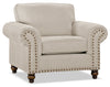 Made in Canada Wynn 47\" Chenille Fabric Chair with Nailhead Trim and Wood Bun Legs - Linen Beige