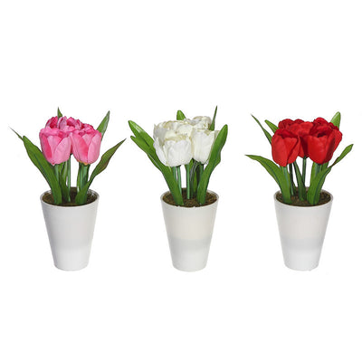 Artificial Tulips in White Plastic Pot - Set of 3 Artificial Flower|Tulipes artificielles dans un pot en plastique blanc - ensemble de 3 fleurs artificielles