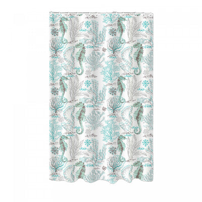 Printed Canvas Shower Curtain with Roller Hooks Seahorse|Rideau de douche en toile imprimée d’un motif d’hippocampes avec crochets à rouleau