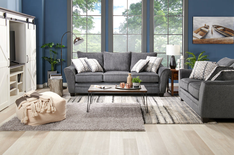 Made in Canada Febe 100\" Chenille Fabric Sofa with Flared Arms and Accent Pillows - Charcoal Grey