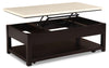 Sicily 48\" Modern Lift Top Coffee Table With Storage, Shelf and Casters - Beige and Dark Brown