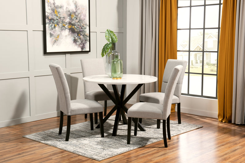 Verona Dining Table with Culture Marbled Top, Metal, Geometric Base, 42\"W Round - White
