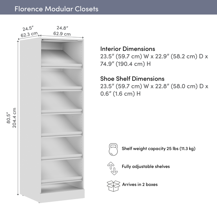 Bestar Florence 25\" Modular Shoe Shelf Closet System with LED Light - White