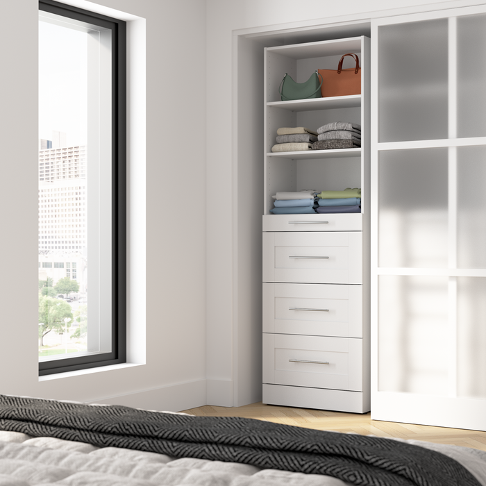 Bestar Florence 25\" Modular Reach-In/Walk-In Closet System Tower with Shelves and 4 Drawers Shaker Style - White