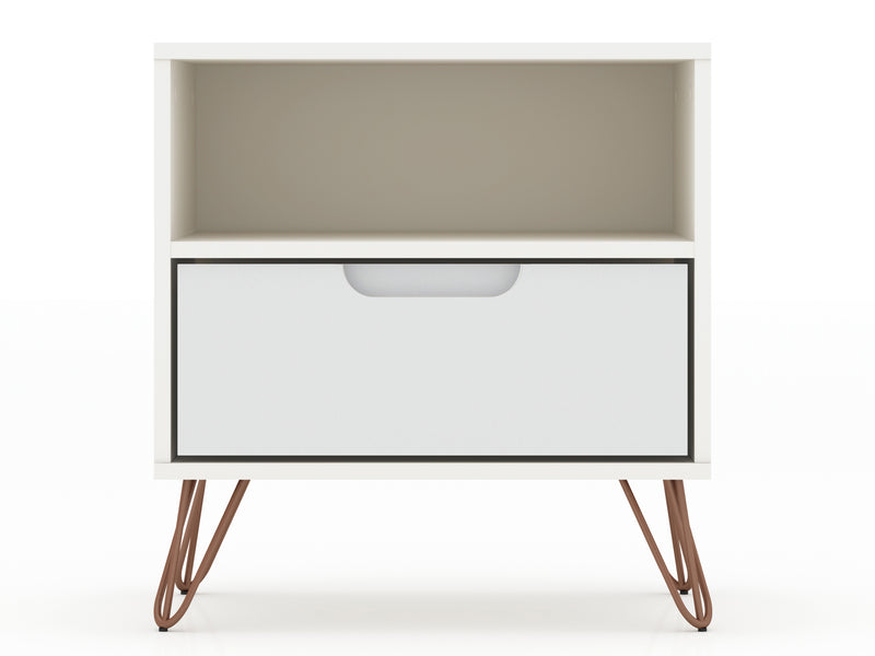 Manhattan Comfort Rockefeller Mid-Century Modern Nightstand with Drawer - White