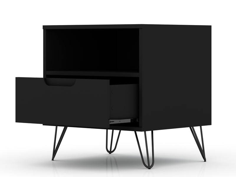 Manhattan Comfort Rockefeller Mid-Century Modern Nightstand with Drawer - Black