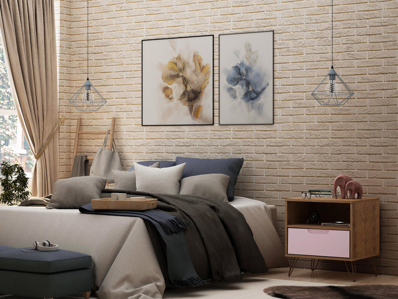 Manhattan Comfort Rockefeller Mid-Century Modern Nightstand with Drawer - Natural & Rose Pink