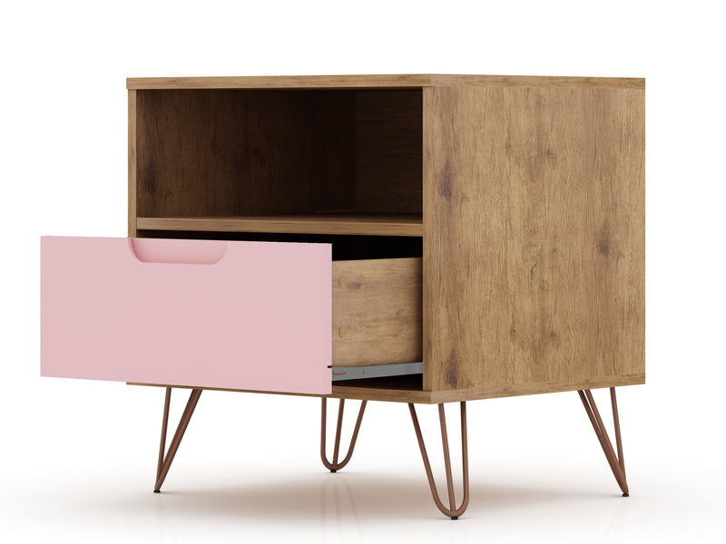 Manhattan Comfort Rockefeller Mid-Century Modern Nightstand with Drawer - Natural & Rose Pink