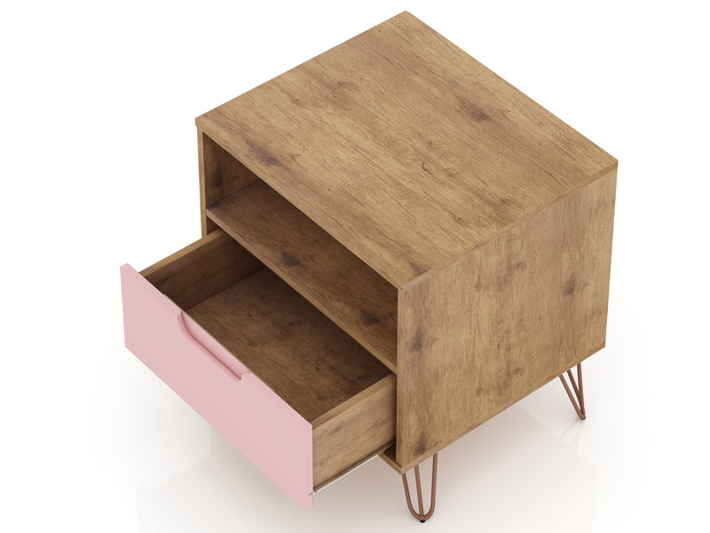 Manhattan Comfort Rockefeller Mid-Century Modern Nightstand with Drawer - Natural & Rose Pink