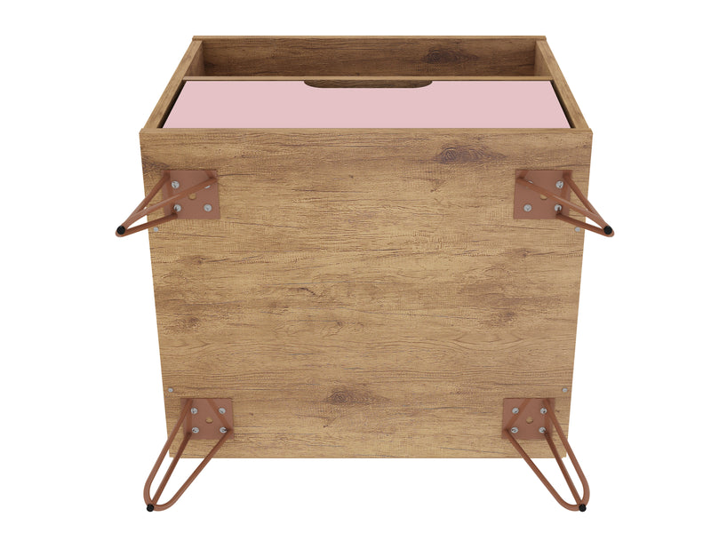 Manhattan Comfort Rockefeller Mid-Century Modern Nightstand with Drawer - Natural & Rose Pink