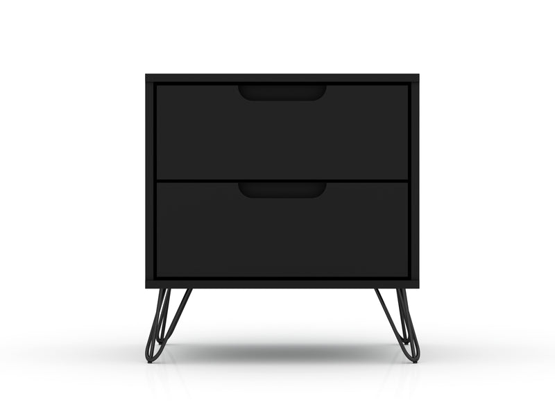 Manhattan Comfort Rockefeller Mid-Century Modern Nightstand with 2-Drawer - Black