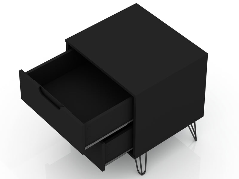Manhattan Comfort Rockefeller Mid-Century Modern Nightstand with 2-Drawer - Black