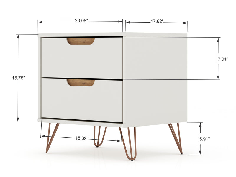 Manhattan Comfort Rockefeller Mid-Century Modern Nightstand with 2 Drawers - Off White & Natural