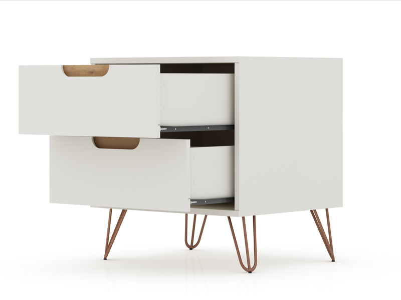 Manhattan Comfort Rockefeller Mid-Century Modern Nightstand with 2 Drawers - Off White & Natural