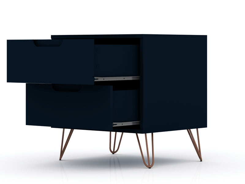 Manhattan Comfort Rockefeller Mid-Century Modern Nightstand with 2-Drawers - Tatiana Midnight Blue