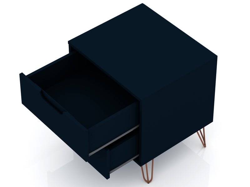 Manhattan Comfort Rockefeller Mid-Century Modern Nightstand with 2-Drawers - Tatiana Midnight Blue