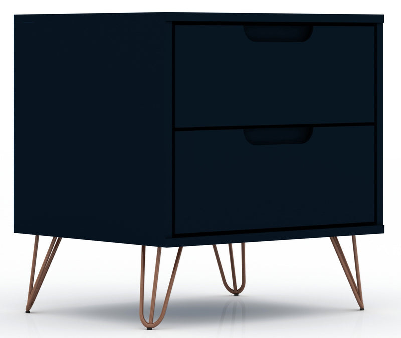Manhattan Comfort Rockefeller Mid-Century Modern Nightstand with 2-Drawers - Tatiana Midnight Blue