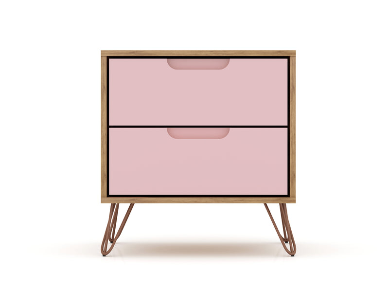 Manhattan Comfort Rockefeller Mid-Century Modern Nightstand with 2-Drawers - Natural & Rose Pink