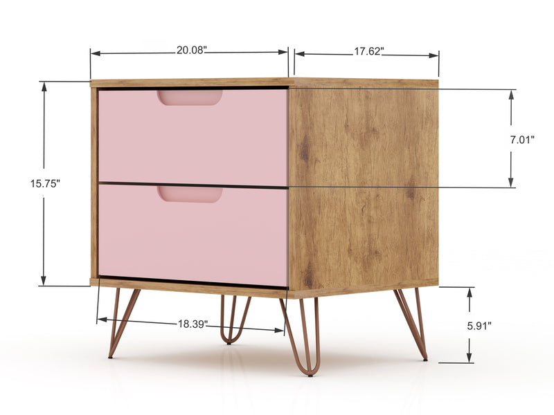 Manhattan Comfort Rockefeller Mid-Century Modern Nightstand with 2-Drawers - Natural & Rose Pink