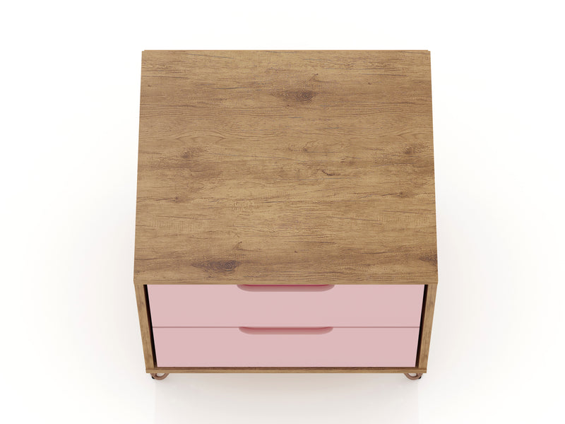 Manhattan Comfort Rockefeller Mid-Century Modern Nightstand with 2-Drawers - Natural & Rose Pink