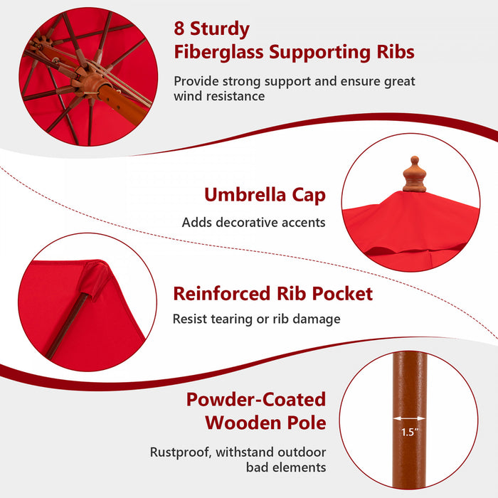 Costway 9.5 FT Patio Rope Pulley Wooden Umbrella Market w/Fiberglass Ribs Outdoor Red