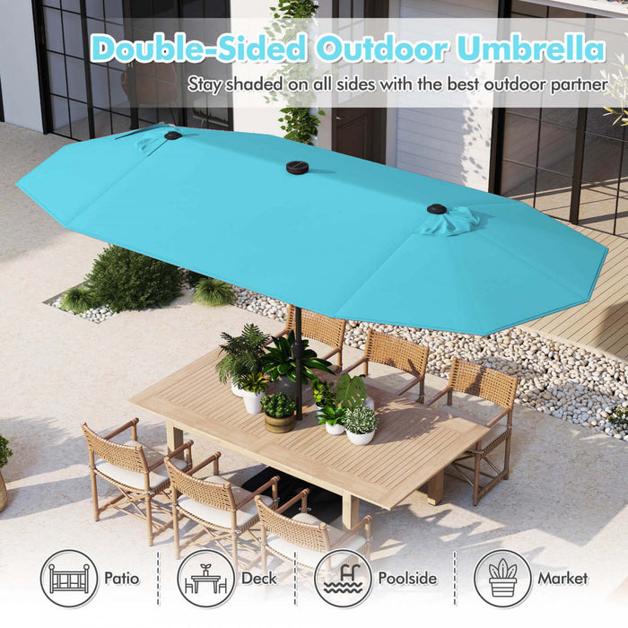 Costway 13FT Double-sided Patio Umbrella with Solar Lights Crank Handle Umbrella Base Turquoise