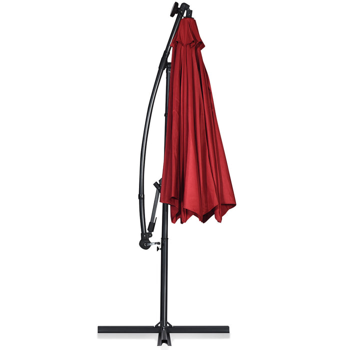 Costway 10FT Patio Offset Umbrella Solar LED 360degrees Rotation Burgundy